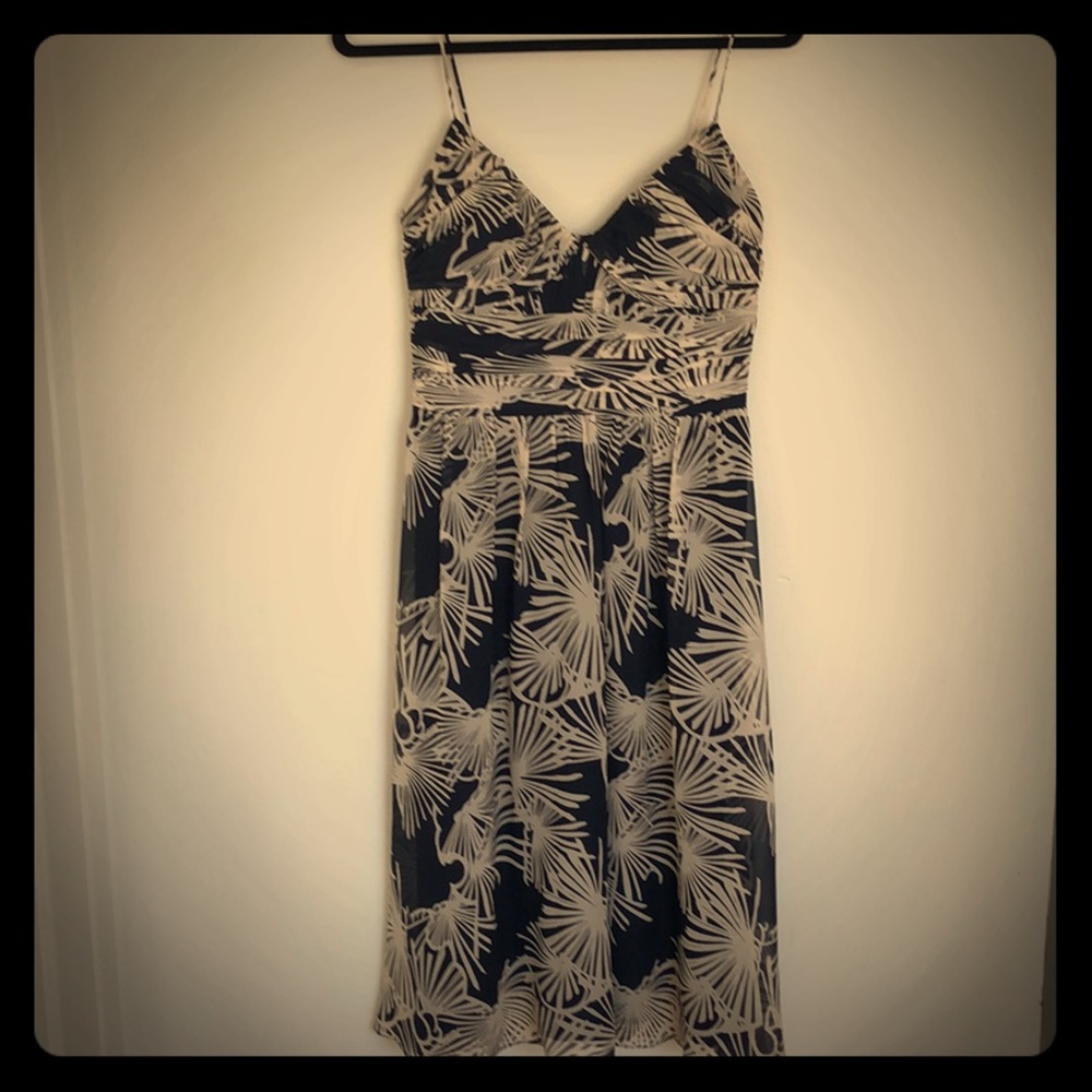 BCBG silk navy and white floral dress
